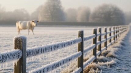 Cinematic photograph of a winter landscape with a white cow in the distance. A fence is covered in thick frost. 