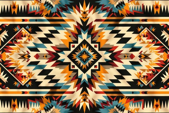 Geometric Native American textile design with vibrant colors and symmetrical patterns.