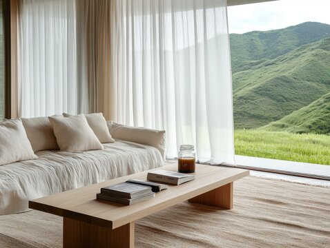 Fototapeta A white couch with pillows and a coffee table with books on it. The coffee table is in front of a window with a view of the mountains