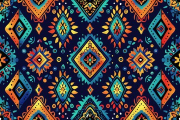 Vibrant, geometric textile design with bold colors and intricate patterns, showcasing a rich cultural heritage.