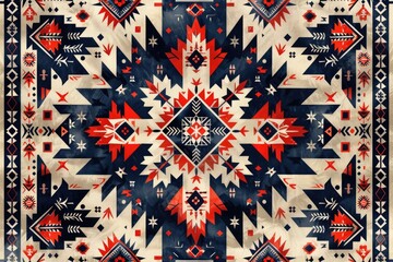 Symmetrical Native American inspired textile design with red, white and blue geometric patterns.