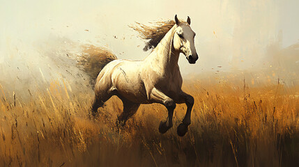 Obraz premium Beautiful and majestic horses running through a field elegantly