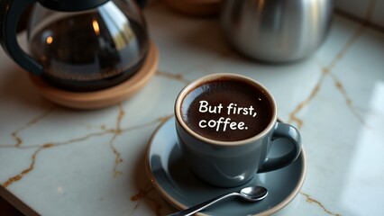 A bold black coffee with "But first, coffee." elegantly written on the foam. A sleek marble counter, silver spoon, and artisanal backdrop set a refined, modern scene.