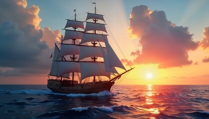 Fototapeta premium Large sailing ship sails across ocean at sunset. Majestic ship with big sails moves on sea waves. Beautiful sky with clouds. Artistic view of history of navigation. Ancient vessel with sails,