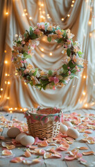 Fototapeta premium Easter themed product display podium background, Floral basket charm, scattered petals, floral wreaths shaped like Easter baskets, cascading fabric panels adorned with fairy lights