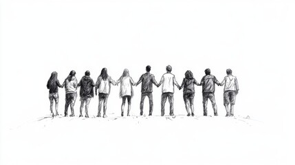 Naklejka premium Pencil sketch of ten people holding hands, viewed from behind, standing on a hill against a white background.