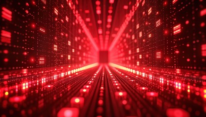 Abstract red tech matrix background. Deep perspective of glowing red lights. Futuristic design with grid pattern. Powerful visual. Modern technology concept. Digital network effect. Intense visual.