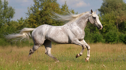 Fototapeta premium Beautiful and majestic horses running through a field elegantly