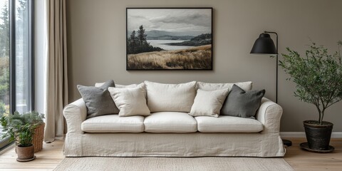 Cozy living room setting with elegant sofa modern home interior design warm ambiance eye-level view comfort