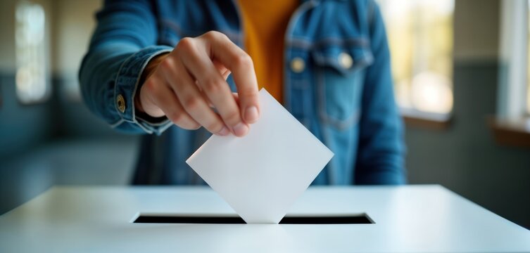 Person places ballot in voting box. Individual choice, democratic process. Voting action takes place at polling station. Person hand holds ballot close to voting box. Focus on important concept of