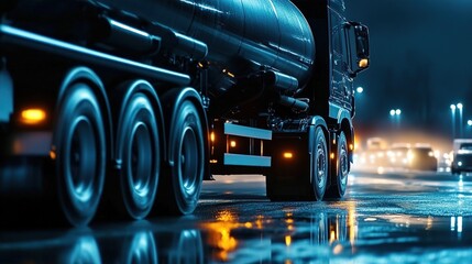 Fototapeta na wymiar A close-up of the side view of an elegant black truck with a large tank, with lights on and the asphalt wet at night.