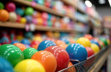 Colorful balls fill shelves in toy store. Bright colors, variety of balls displayed on retail shop aisle. Children toys on shelves. Indoor shot of kids merchandise. Plenty of colorful options