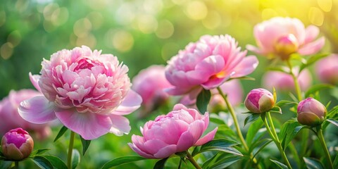 Obraz premium Soft pink peony flowers blooming in a lush green garden, with delicate petals unfolding like tiny ballerinas dancing in the gentle morning dew , floral, pink peony flower