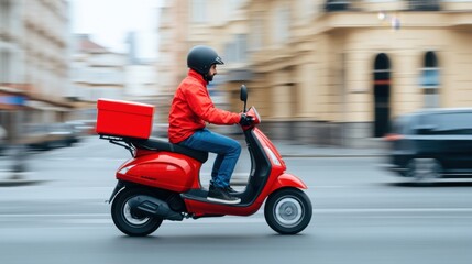 Delivery rider in a red jacket riding a scooter on a busy city street during daytime with motion blur