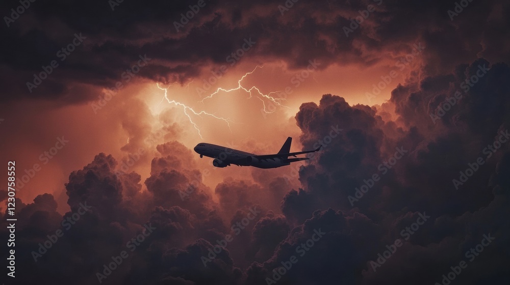 Poster Airplane navigates turbulent stormy clouds while lightning strikes in the background at dusk. Generative AI