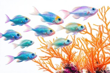 A school of vibrant, iridescent fish swim near a bright orange coral reef.