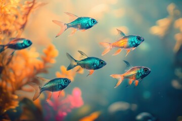 Fototapeta premium School of vibrant, turquoise and orange fish swimming in a lush, aquatic environment.