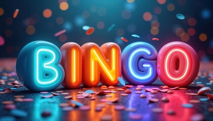 Neon lights spell BINGO. Celebration of winner with confetti. Festive scene with vibrant colors. Winning moment in bingo game. Joyful atmosphere. Energetic ambiance. Fun party concept. Festive glow.