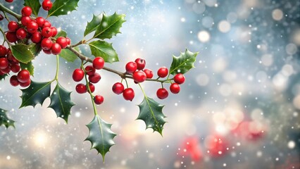 Red berries hanging from the branch of a holly tree against a winter white background with snowflakes falling gently , winter scene, holiday decor