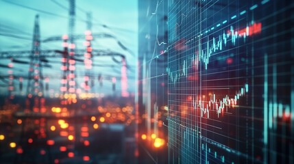 Fototapeta premium A digital graphic depicting stock market charts with an electric power grid in the background, representing energy factories and abstraction. 