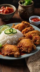 Spicy Indonesian Ayam Geprek with Sambal and Rice 