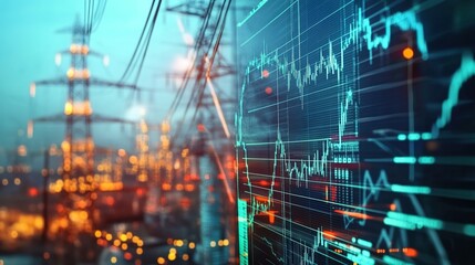 Obraz premium A digital graphic depicting stock market charts with an electric power grid in the background, representing energy factories and abstraction. 