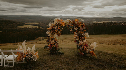 Rustic floral arch wedding ceremony setup overlooking scenic mountains