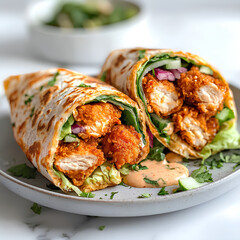 Crispy chicken wraps filled with fresh vegetables and special sauce served on a plate in a modern kitchen setting during daylight hours