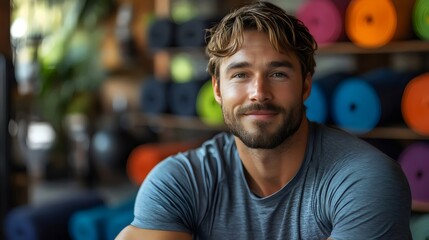 Fototapeta premium A man is smiling in front of a rack of yoga mats