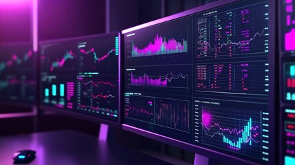 Obraz premium A futuristic dashboard displaying real-time data and analytics for market performance, featuring vibrant graphs and charts on multiple screens in an office setting. 