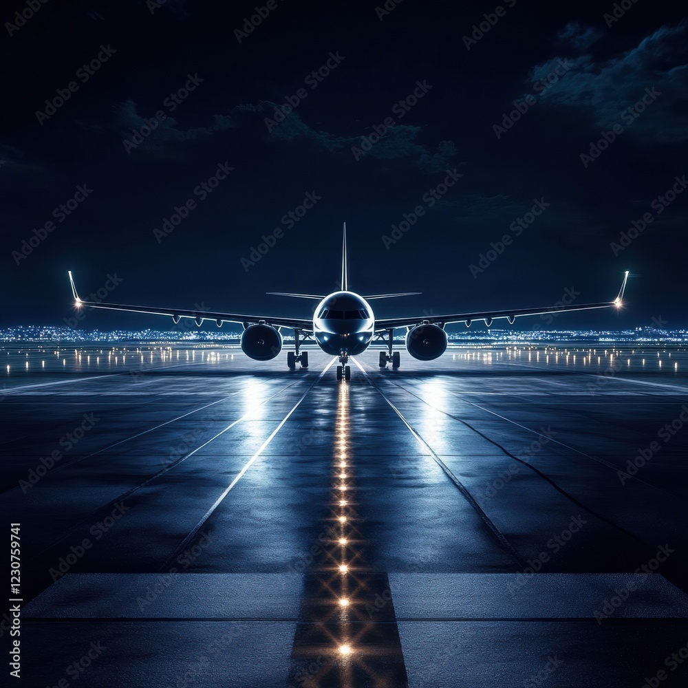 Leinwandbilder illuminated runway with airplane taking off at night surrounded by navigation lights. generative ai