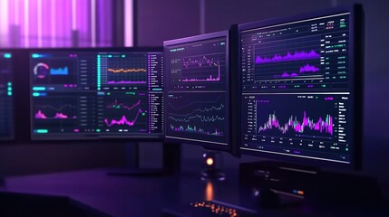 Obraz premium A futuristic dashboard displaying real-time data and analytics for market performance, featuring vibrant graphs and charts on multiple screens in an office setting. 