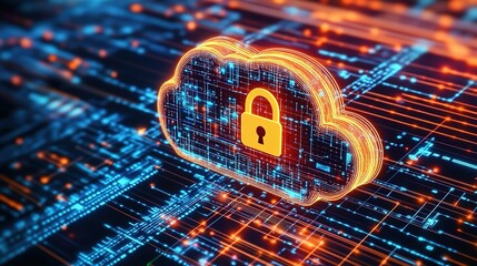 Fototapeta premium Digital illustration of an abstract cloud with a padlock icon, glowing in orange and blue on top of a circuit board background.