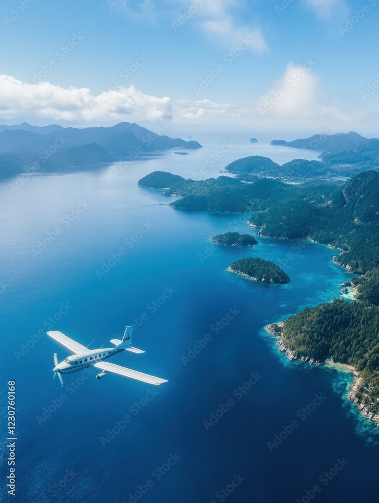 Poster soaring above the azure ocean with islands dotting the serene landscape. generative ai