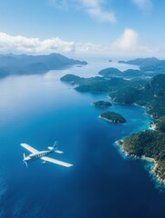 Fototapeta premium Soaring above the azure ocean with islands dotting the serene landscape. Generative AI