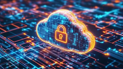 Digital illustration of an abstract cloud with a padlock icon, glowing in orange and blue on top of a circuit board background.