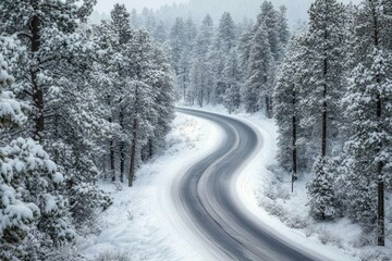 A winding snowy road through a dense pine forest, winter wonderland scene.