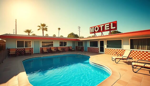 Retro Motel Poolside Relaxation Sunny Day
