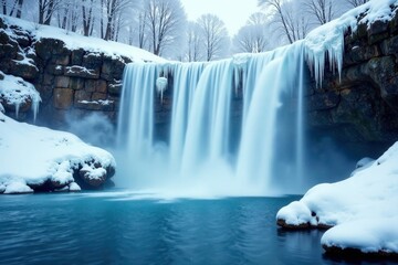 White snowflakes fall gently around a frozen waterfall, water, frozen, winter