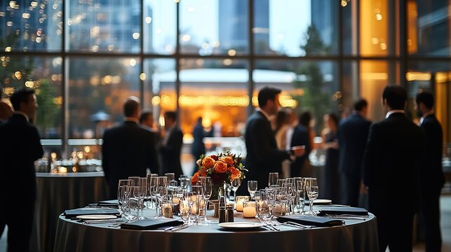 A high-end corporate event held in an urban setting, showcasing elegant table settings and guests dressed in formal attire for the special evening.