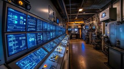 Modern Industrial Control Room with Blue Digital Screens and Complex Technology