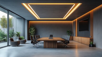 Modern office conference room with wooden table, city view