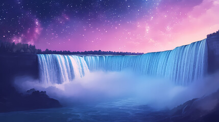 Explore the breathtaking beauty of niagara falls under a starry sky with vibrant colors and mystical atmosphere. Enchanted Falls. Illustration