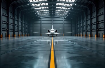 Large aircraft hangar shows spacious interior. Modern plane is parked centrally. High ceilings and polished floor emphasize functionality and design. Aviation facility is bright and roomy.
