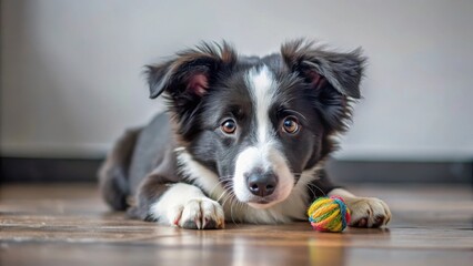 Border Collie Black Puppy Playing on Floor,, toy, puppy,  toy, puppy, floor, playful, collar, furry