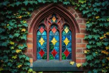 Obraz premium Ivy-covered brick wall with a stunning Gothic arched stained-glass window.