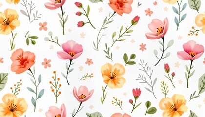 Delicate pastel watercolor flowers on white background create seamless pattern. Floral design with various flower shapes, colors. Soft, cheerful illustration perfect for textiles, wallpapers,