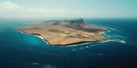Aerial view Desert island, ocean waves, volcanic landscape, travel brochure