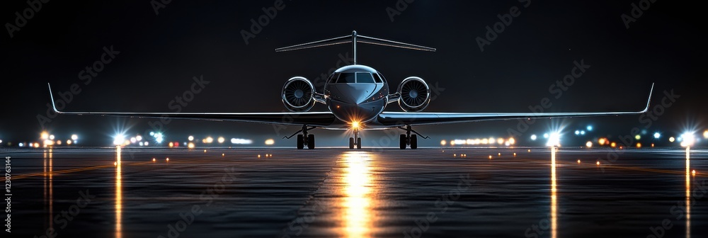 Fototapete airplane preparing for takeoff on illuminated runway at night with navigation lights. generative ai