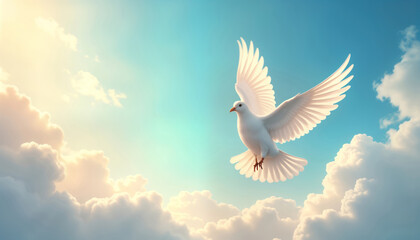 Fototapeta premium White dove soars high in vibrant sky filled with fluffy clouds. Peaceful scene evokes feelings of hope, freedom. Image suitable for spiritual inspirational themes. Clear copy space ideal for text